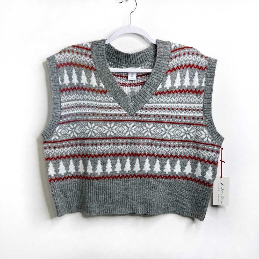 London Kaye Fair Isle Winter Trees Snowflake Boxy Sweater Vest NWT